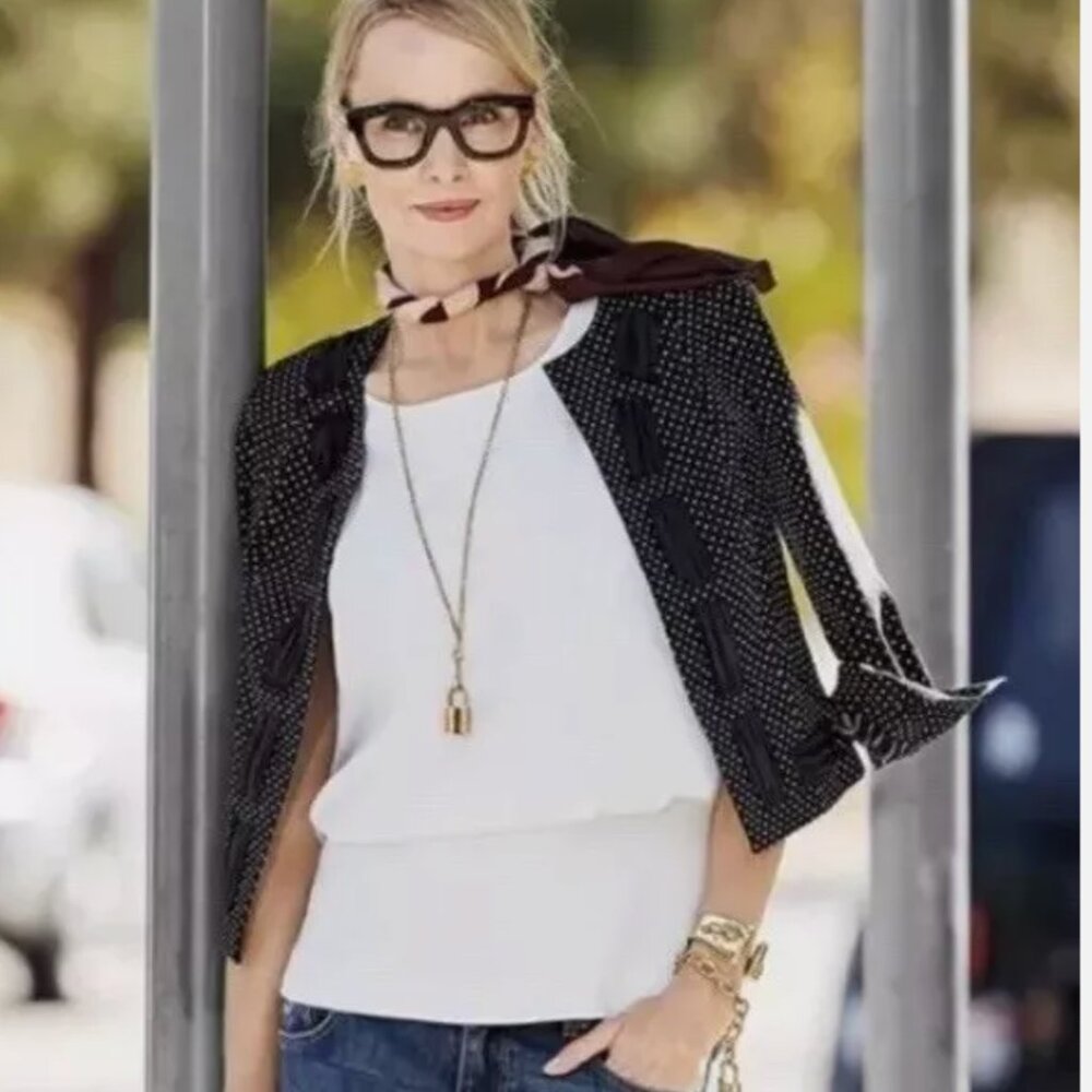 CABI Seaside Chic black white pin dot open front cropped blazer Size 6